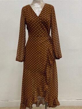 Listicle Brown Polka Dot Wrap Midi Dress